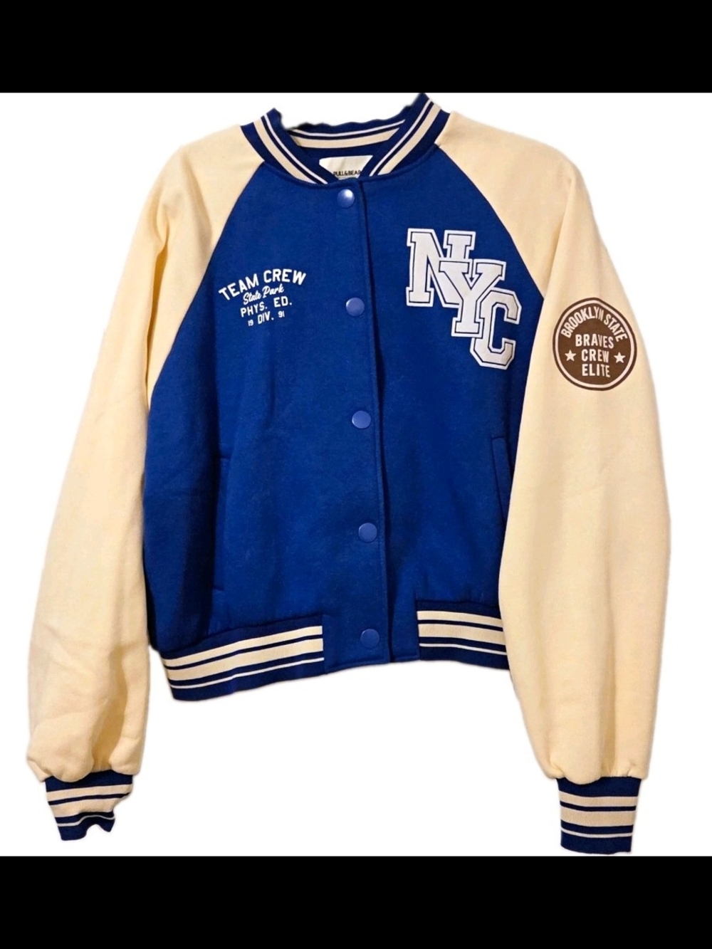 Pull&Bear Blue & Cream Varsity-Style Jacket